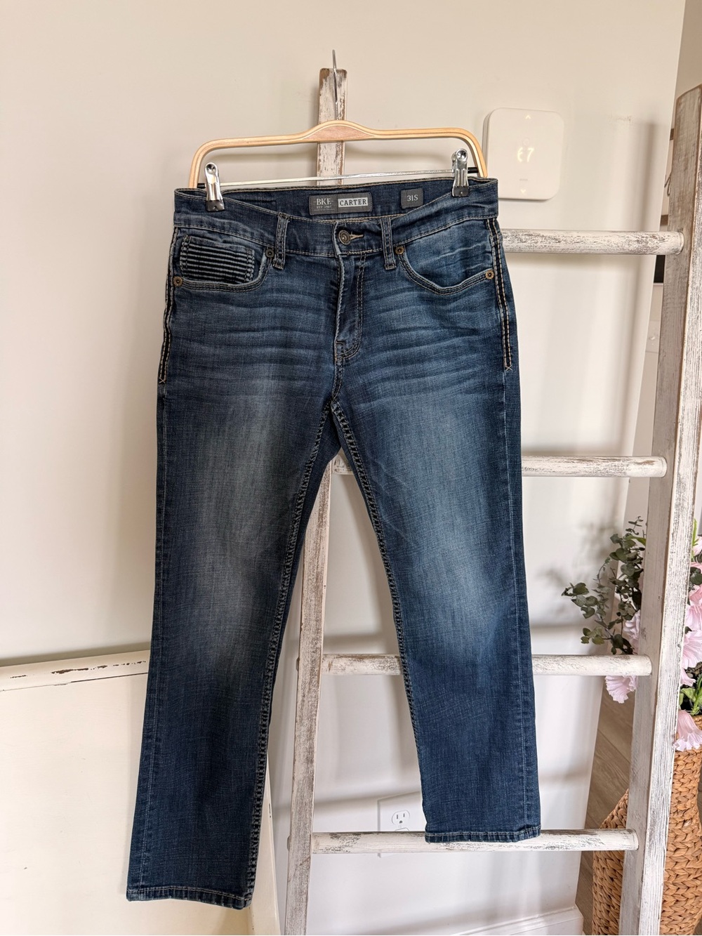 BuckleBKE Carter Straight Jeans Stretch Denim 31X32 Mens Blue Pants Thick Stitch